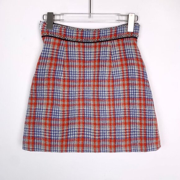 Miu Miu Plaid Wool Mini Skirt With Studded Waistband Size 38 Red & Blue Pattern - Picture 2 of 6